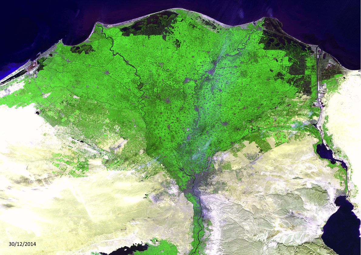 Figure 27: Changing Nile Delta seen by PROBA-V: The Nile Delta in Egypt has already been a very dynamic area for ages. Between 2014 and 2018 the area has changed quite significantly, which was nicely captured by PROBA-V. The animation shows 100 m Proba-V images of 30 December 2014 and 19 May 2018. A large anthropogenic change that occurred in these 3.5 years and is clearly visible to the very right is the construction of the second Suez canal, which was completed in 2015. Further changes are pivot irrigation fields replaced the dry desert in the eastern part of the Nile Delta, while in the western part the opposite occurred. The numerous cities and villages within the delta contrast with the green vegetation background as grey splotches (image credit: ESA/Belspo – produced by VITO)