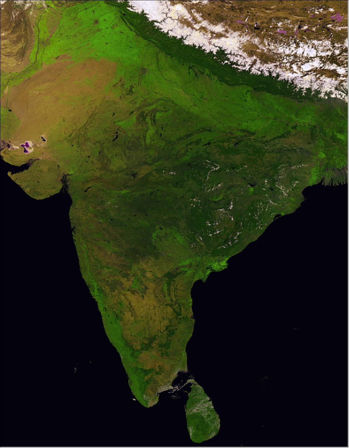 Figure 62: India - from Sri Lanka to the Himalayas, PROBA-V acquired this image on March 14, 2014, (image credit: ESA, VITO)