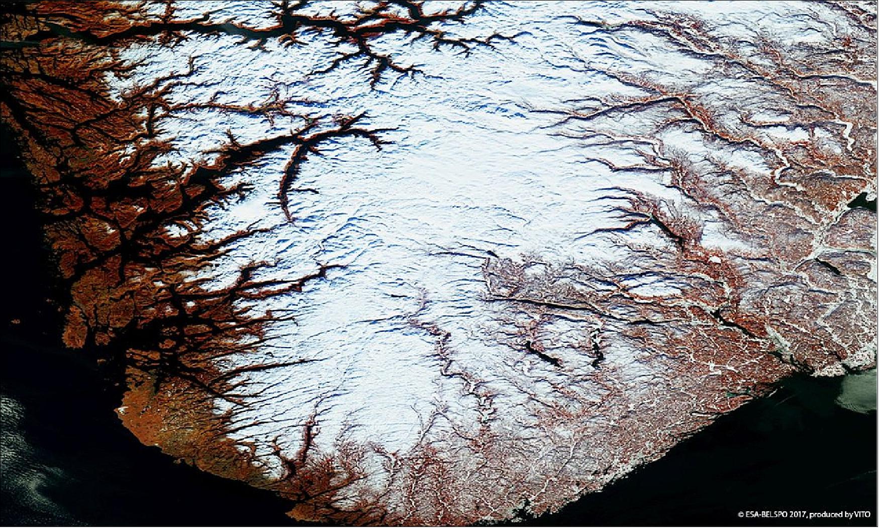 Figure 42: Norwegian fjords imaged by PROBA-V, the image was acquired on 14 February 2017 (image credit: ESA/BELSPO – produced by VITO)