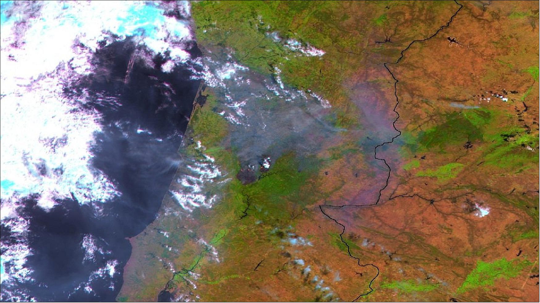 Figure 40: Regional view of fire: A forest fire in Portugal's Pedrógão Grande region, showing burnt scars, smoke plumes and hotspots (seen in red). This 330 m-resolution image was acquired on 18 June 2017 by ESA's PROBA-V satellite (image credit: ESA/BELSPO produced by VITO)