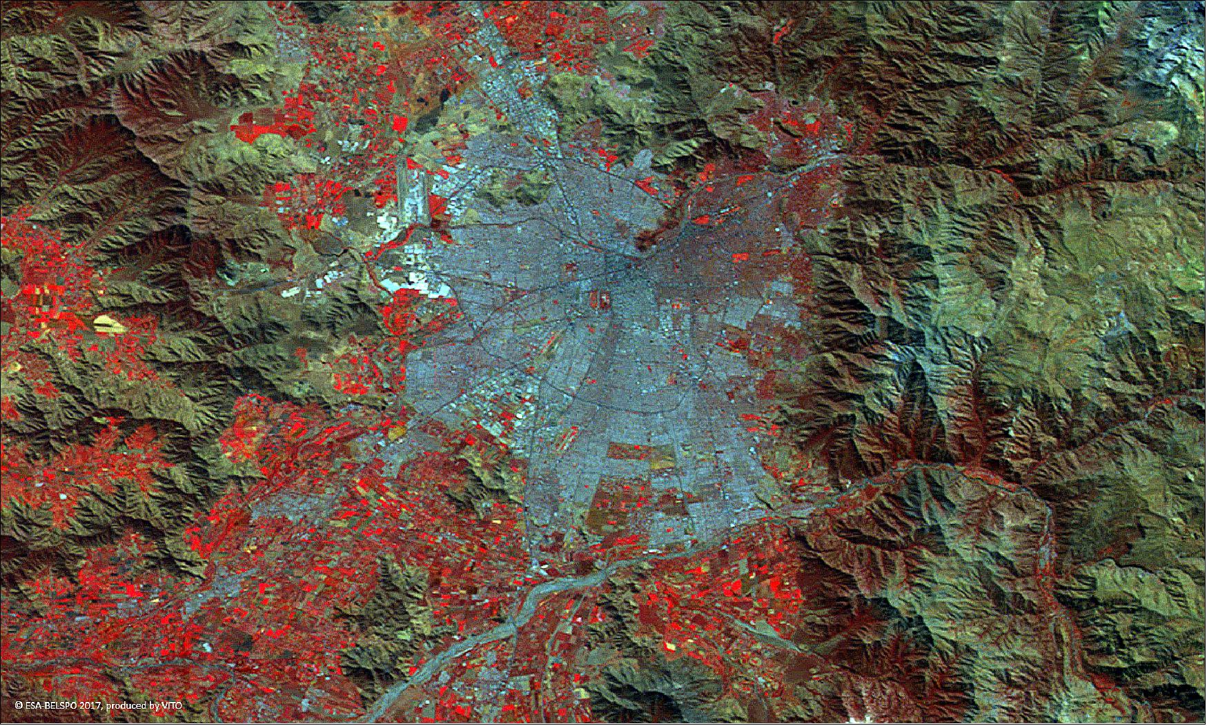 Figure 24: This 100 m spatial resolution image of Santiago de Chile was acquired on 5 April 2017 with PROBA-V (image credit: ESA/Belspo – produced by VITO)