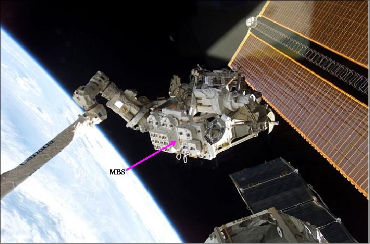 Figure 2: The MBS is moved by the Canadarm2 for installation on the ISS (image credit: NASA) 6)