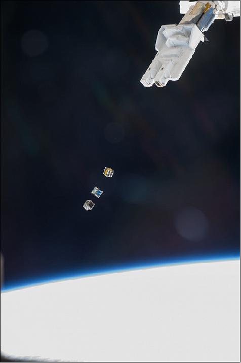 Figure 7: Deployment of three CubeSats from the from the J-SSOD deployer of the Space Station on Nov. 19, 2013 (image credit: NASA) 13)