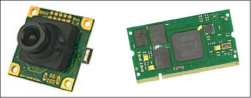 Figure 10: Photo of the CMOS camera (left) and the Colibri microprocessor (right), image credit: UM, JPL)