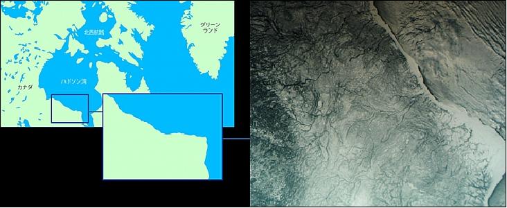Figure 7: Image of WNISat-1 (right) acquired on Dec. 20, 2013 showing the Hudson Bay coast of Canada as shown on left side (image credit: Axelspace)