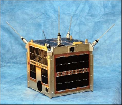 Figure 6: Photo of the WNISAT-1 nanosatellite with deployed antennas (image credit: AXELSPACE)