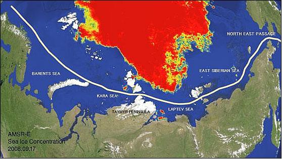 Figure 1: Illustration of the Arctic Sea ice state provided from data of the AMSR-E instrument on Aqua in Sept. 2008 (image credit: NASA, JAXA)
