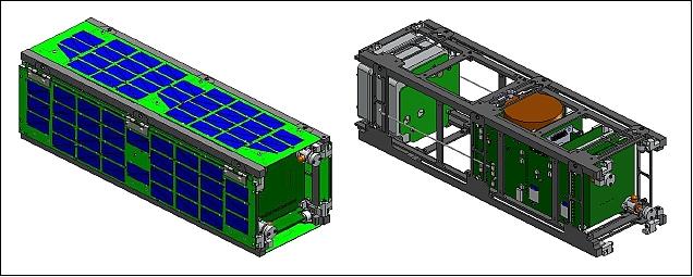 Figure 2: The ALL-STAR nanosatellite in launch configuration (with and without solar cells), image credit: COSGC