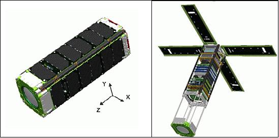 Figure 1: VELOX-1 nanosatellite in launch configuration (left) and after deployment (right), image credit: NTU