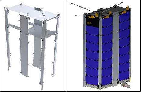 Figure 2: IlliniSat-2 bus structural architecture as modified for LAICE (left), external solar panel faces (right), image credit: LAICE collaboration