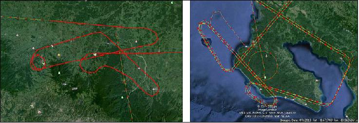 Figure 10: Observation paths in LaSela National Park, Costa Rica (left) and in Corocovados National Park, Costa Rica (right), image credit: NASA