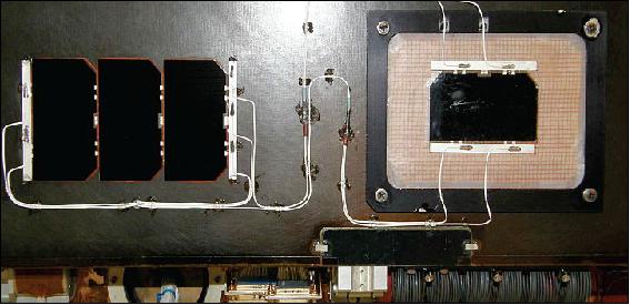Figure 28: Flat-plate string (left) and solar cell with POSS coverglass replacement (image credit: NRL, EMCORE)