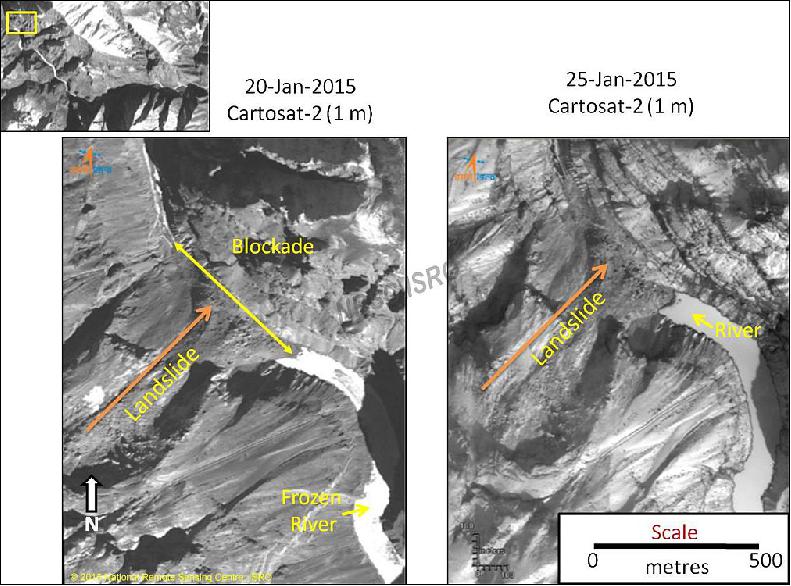 Figure 8: Detailed view of the Phuktal River blockade as observed from Cartosat-2 satellite image of February 07 and 15, 2015 (image credit: ISRO/NRSC)