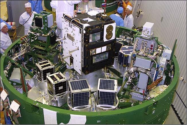 Figure 6: Photo of the DEMETER spacecraft and secondary payloads on the Dnepr vehicle (image credit: Astrium SAS)
