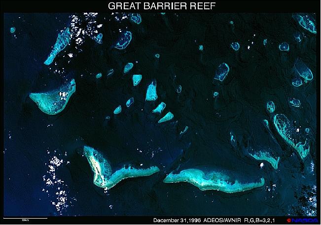 Figure 9: AVNIR image of the island reefs in the Great Barrier Reef of northeast Australia (image credit: JAXA)