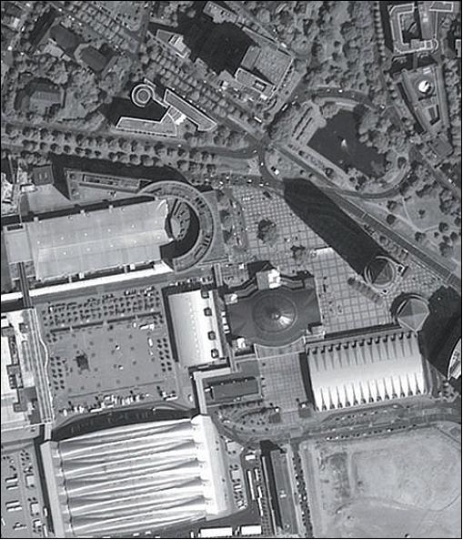 Figure 5: Geoton-1 Pan image showing the eastern part of the Frankfurt Messe complex (Germany), image credit: Sovzond 14)