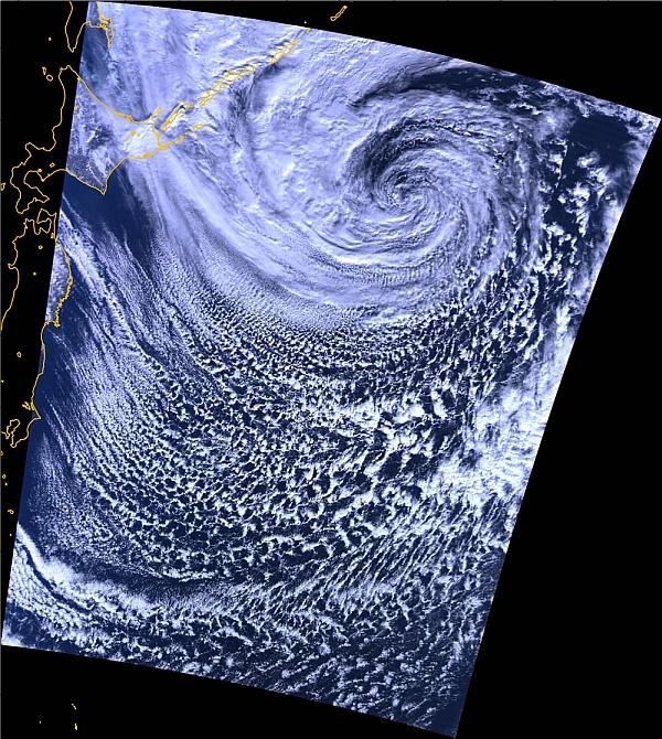 Figure 9: GLI first images: Capturing a great winter cyclone on January 25, 2003 off the Pacific coast of Tohoku (image credit: JAXA)