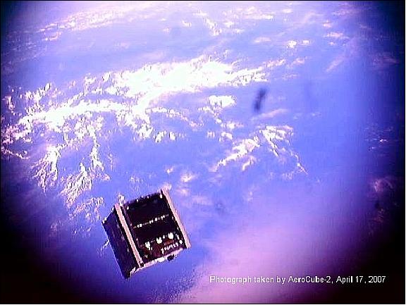 Figure 1: Photo of the CubeSate CP-4 (CalPoly-4) taken by AeroCube-2 (image credit: The Aerospace Corporation)