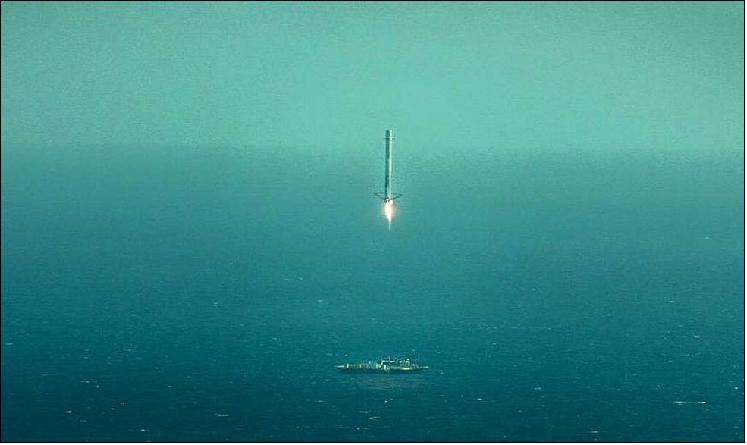 Figure 4: View of the CRS-6 Falcon 9 first stage landing burn and touchdown on the landing barge (image credit: SpaceX) 10)