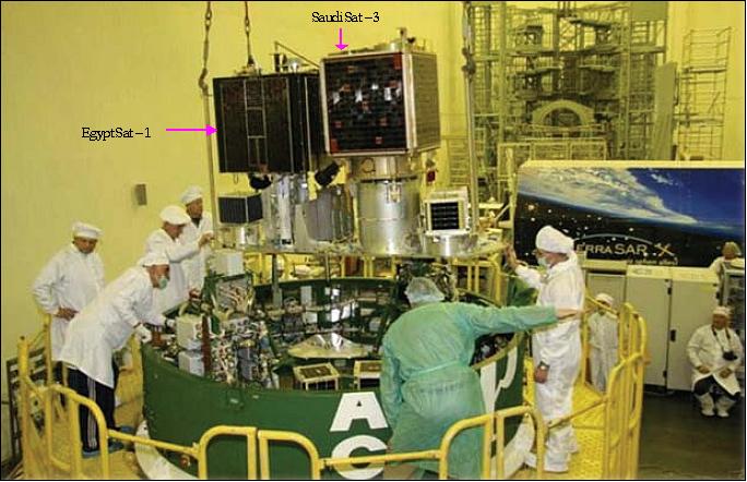 Figure 4: EgyptSat -1 under assembly in the nose cone of the Dnepr launcher along with other payloads (image credit: NARSS)
