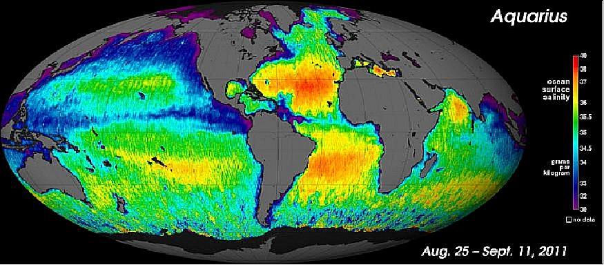 Figure 17: First global map of ocean salinity generated from Aquarius data (image credit: NASA/JPL) 39)