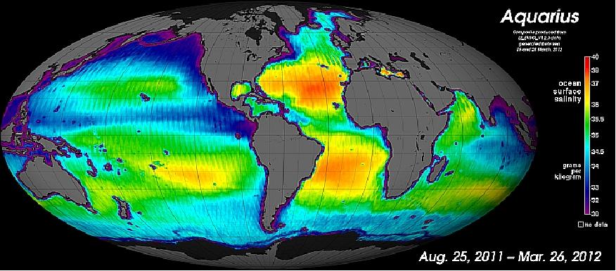 Figure 15: Monthly composite map of Aquarius data for March 2012 (V.1.3), image credit: NASA (Ref. 37)