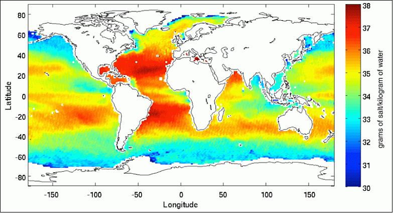 Figure 13: Aquarius average salinity map during spring 2013 (image credit: NASA, Ref. 28)