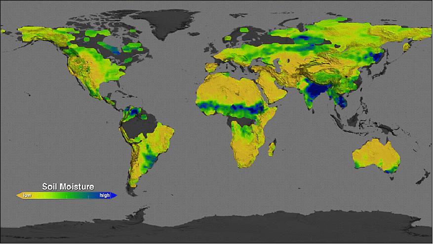 Figure 10: This image shows what the soil moisture conditions around the planet were like in August 2013: dry areas are represented in the brown scale, while wetter areas are in blue and green (image credit: NASA/GSFC)