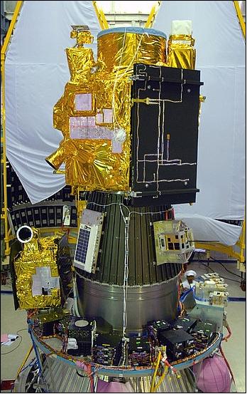 Figure 2: View of the CartoSat-2A spacecraft undergoing prelaunch tests (image credit: ISRO) Launch: The launch of CartoSat-2A took place on April 28, 2008 on a PSLV launcher. The launch was conducted from the Satish Dhawan Space Centre (SDSC) SHAR, Sriharikota space station in southern India. 2) Next to the primary payload of CartoSat-2A, the PSLV-C9 vehicle successfully launched the IMS-1 (Indian Microsatellite-1) of 83 kg and eight nanosatellites for international customers. 3) 4) Further secondary smallsat payloads on this flight were: • CanX-2 a triple CubeSat of the University of Toronto (UTIAS/SFL, 3.5 kg), Toronto, Canada. Objective: Testing of a nano cold gas propulsion system, innovative attitude sensors and a commercial GPS receiver. • CUTE-1.7+APD-2 CubeSat of the Tokyo Institute of Technology (TITech). Objective: Demonstration of a PDA (Personal Digital Assistant) based bus system and APD (Avalanche Photodiode). • AAUSat-2 a CubeSat of Aalborg University, Denmark (3 kg). Objective: Detection of gammy -ray bursts, Flight testing of nano actuators and sensors for spacecraft 3-axis stabilization. • Delfi-C3 (6.5 kg) of the Technical University of Delft, The Netherlands. Objective: Flight testing of film solar cells, wireless sun sensor and advanced transceiver. • COMPASS-1 (3.0 kg) of the University of Applied Science, Aachen, Germany. Objective: Flight testing of a miniaturized spacecraft bus. • SEEDS-2 (3.0 kg) of Nihon University, Japan. Objective: Demonstration of receiving spacecraft parameter data by CW (Continuous Wave) signal, FM packet downlink and sound data by a digitalker. • NTS (Nanosatellite Tracking of COM DEV / UTIAS/SFL, Toronto, Canada. Objective: Perform a survey of the maritime VHF band at 162 MHz. The payload is a VHF receiver. • Rubin-8-AIS an experimental space technology mission of OHB-System, Bremen, Germany. Objective: Testing a a new spaceborne receiver and data upload system for AIS (Automatic Identification System) support. Note: The cluster of the first six nanosatellites, (CanX-2, CUTE-1.7+APD-2, AAUSat-2, Delfi-C3, COMPASS-1 and SEEDS-2), is also referred to as NLS-4 (Nanosatellite Launch System-4). The launch of the 8 nanosatellite payloads was executed under a commercial contract between the University of Toronto, COSMOS International (a company of the OHB Fuchs Gruppe, Bremen, Germany), and the Antrix Corporation of Bangalore, India (the latter is the commercial arm of ISRO). The launch vehicle ejected all the satellites within minutes of each other after liftoff (the entire deployment sequence last about 20 minutes). Initial signals indicated all the satellites were working normally. India is seeking to compete with other space-faring nations for commercial launch services, and this mission's success demonstrates India's ability to launch multiple payloads into precise orbit. The XPOD (Experimental Push Out Deployer) system of UTIAS/SFL was used to deploy the following secondary payloads: CanX-2, SEEDS-2, Delfi-C3, COMPASS-1, AAUSat-2, and NTS. 5) Figure 3: Triple XPOD version used for XanX-2 and Delfi-C3 (image credit: UTIAS/SFL) Figure 4: Integration of the CartoSat-2A spacecraft and the secondary payloads (image credit: ISRO) Figure 5: Artist's view of the ten deployed spacecraft in orbit launched by PSLV-C9 (image credit: ISRO, Antrix) Orbit: Sun-synchronous circular orbit, altitude = 635 km, inclination = 97.64º, period = 97.4 minutes, local time at descending node (LTDN) = 9:30 hours. According to ISRO, CartoSat-2A will form a pair with CartoSat-2, providing more frequent revisit of a location. The twin spacecraft are being positioned in the same orbital plane phased at 180º. CartoSat-2A will also play a major role in rural and urban infrastructure development work (the data will be used for resource management, assessment of post-disaster damage and infrastructure development). RF communications: The onboard solid-state recorder has a capacity of 64 Gbit. The imagery is downlinked in X-band (8125 MHz) at a data rate of 105 Mbit/s (after compression). The TT&C data link is in S-band (2067 MHz). Both links operate in parallel. The spacecraft is being monitored and controlled from the ISRO mission control center in Bangalore, India using the ISTRAC network of stations at Bangalore, Lucknow, Mauritius, Bearslake in Russia, Biak in Indonesia and Svalbard in Norway. Mission status: • The CartoSat-2A spacecraft and its payload are operating nominally in 2012. In March 2012, Space Daily is reporting: “With 11 remote sensing/earth observation satellites orbiting in the space, India is a world leader in the remote sensing data market. The 11 satellites are TES, Resourcesat 1, Cartosat- 1, -2, -2A and -2B, IMS-1, RISAT-2, OceanSat-2, ResourceSat-2, and Megha-Tropiques.” 6) • The CartoSat-2A spacecraft is operating nominally in 2010. 7) • An ISRO press release of April 30, 2008 stated that CartoSat-2A as well as all secondary payloads were successfully launched and deployed. The PAN camera of CartoSat-2A was switched on for the first time on April 30, 2008. The PAN camera covered strips of land from Saharanpur to Nuh (South of Delhi) and Sangli to the Goa Coast. This data was received at NRSA (National Remote Sensing Agency), Shadnagar, Hyderabad. The quality of the imagery received is considered as excellent. 8) Sensor complement: PAN Camera (Panchromatic Camera). The objective is to provide imagery for cartographic applications. The optical system is designed with two mirror Ritchey-Chretien on-axis obscured reflective telescope system with a concave hyperboloidal primary mirror and convex hyperboloid secondary mirrors and the field correcting relay optics. The mirrors are made of special Zerodur glass and are light-weighted to about 60% as in CartoSat-1 series. The mirrors are mounted inside the telescope cylinder made of CFRP with special MFDs (Mirror Fixation Devices) and the whole telescope assembly is mounted to the spacecraft structure through a special suspension arrangement. The optical system is designed to provide < 1 m resolution across track. The along track GSD of 0.8 m is achieved by apparent velocity reduction by a factor of 2.5. The spacecraft can be suitably biased to provide various modes of imaging: 1) Continuous strip monoscopic mode 2) Spot scene imaging (strips on either side of the ground track can be imaged) 3) Paint brush mode of imaging. This mode is used to increase the total swath. Both roll tilt and pitch tilt is employed. The PAN Camera is a nadir-pointing pushbroom CCD instrument (detector line array of 12, 288 pixels), observing in the visible spectral range of 0.5-0.85 µm with a GSD (Ground Sample Distance) of < 1 m, and a swath width of 9.6 km at nadir. Instrument type Ritchey-Chretien on-axis obscured reflective telescope system Instrument mass 120 kg (including electronics) Average power consumption 60 W Instrument size 760 mm diameter, 1600 mm in height Aperture diameter of prime mirror 700 mm Focal length, F/number 5600 mm, f/8 Spectral range 0.45-0.85 µm (panchromatic) GSD (Ground Sample Distance) 0.8 m Detector 12,288 element CCD line array Swath width 9.6 km Data quantization 10 bit Source data rate 336 Mbit/s Table 1: Summary of PAN Camera parameters Figure 6: Sample image of Greater Mumbai (former Bombay) from CartoSat-2A (image credit: ISRO) 1) Marappa Krishnaswamy, “CartoSat-2 - A Dedicated Satellite for Cartographic Application,” Proceedings of the 59th IAC (International Astronautical Congress), Glasgow, Scotland, UK, Sept. 29 to Oct. 3, 2008, IAC-08.B1.2.10 2) “PSLV-C9 Mission,” ISRO Newsletter, Aril-Sept. 2008, URL: http://www.isro.org/newsletters/scripts/newslettersin.aspx?page4AS88 3) “PSLV Launches Ten Satellites,” Spacedaily, April 29, 2008, URL: http://www.space-travel.com/reports/PSLV_Launches_Ten_Satellites_999.html 4) http://www.satnews.com/cgi-bin/display_story.cgi?number=163530596 5) Freddy M. Pranajaya, “SFL Nanosatellite Missions and Launches in 2007-2009,” April 19, 2007, URL: http://mstl.atl.calpoly.edu/~bklofas/Presentations/DevelopersWorkshop2007/Pranajaya_Freddy.pdf 6) Venkatachari Jagannathan, “India's spy satellite to be launched in April,” Space Daily, March 13, 2012, URL: http://www.spacedaily.com/reports/Indias_spy_satellite_to_be_launched_in_April_999.html 7) Paul Debashish, M. Pitchamani, S. K. Shivakumar, “Emergency Imaging Feasibility,” Proceedings of the SpaceOps 2010 Conference, Huntsville, ALA, USA, April 25-30, 2010, paper: AIAA 2010-2032 8) “CARTOSAT-2A and IMS-1 Cameras Switched on,” ISRO press release of April 30, 2008, URL: http://www.isro.org/pressrelease/scripts/pressreleasein.aspx?Apr30_2008 The information compiled and edited in this article was provided by Herbert J. Kramer from his documentation of: ”Observation of the Earth and Its Environment: Survey of Missions and Sensors” (Springer Verlag) as well as many other sources after the publication of the 4th edition in 2002. - Comments and corrections to this article are always welcome for further updates.