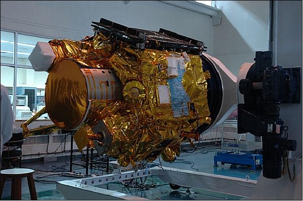 Figure 2: View of the CartoSat-2A spacecraft undergoing prelaunch tests (image credit: ISRO) Launch: The launch of CartoSat-2A took place on April 28, 2008 on a PSLV launcher. The launch was conducted from the Satish Dhawan Space Centre (SDSC) SHAR, Sriharikota space station in southern India. 2) Next to the primary payload of CartoSat-2A, the PSLV-C9 vehicle successfully launched the IMS-1 (Indian Microsatellite-1) of 83 kg and eight nanosatellites for international customers. 3) 4) Further secondary smallsat payloads on this flight were: • CanX-2 a triple CubeSat of the University of Toronto (UTIAS/SFL, 3.5 kg), Toronto, Canada. Objective: Testing of a nano cold gas propulsion system, innovative attitude sensors and a commercial GPS receiver. • CUTE-1.7+APD-2 CubeSat of the Tokyo Institute of Technology (TITech). Objective: Demonstration of a PDA (Personal Digital Assistant) based bus system and APD (Avalanche Photodiode). • AAUSat-2 a CubeSat of Aalborg University, Denmark (3 kg). Objective: Detection of gammy -ray bursts, Flight testing of nano actuators and sensors for spacecraft 3-axis stabilization. • Delfi-C3 (6.5 kg) of the Technical University of Delft, The Netherlands. Objective: Flight testing of film solar cells, wireless sun sensor and advanced transceiver. • COMPASS-1 (3.0 kg) of the University of Applied Science, Aachen, Germany. Objective: Flight testing of a miniaturized spacecraft bus. • SEEDS-2 (3.0 kg) of Nihon University, Japan. Objective: Demonstration of receiving spacecraft parameter data by CW (Continuous Wave) signal, FM packet downlink and sound data by a digitalker. • NTS (Nanosatellite Tracking of COM DEV / UTIAS/SFL, Toronto, Canada. Objective: Perform a survey of the maritime VHF band at 162 MHz. The payload is a VHF receiver. • Rubin-8-AIS an experimental space technology mission of OHB-System, Bremen, Germany. Objective: Testing a a new spaceborne receiver and data upload system for AIS (Automatic Identification System) support. Note: The cluster of the first six nanosatellites, (CanX-2, CUTE-1.7+APD-2, AAUSat-2, Delfi-C3, COMPASS-1 and SEEDS-2), is also referred to as NLS-4 (Nanosatellite Launch System-4). The launch of the 8 nanosatellite payloads was executed under a commercial contract between the University of Toronto, COSMOS International (a company of the OHB Fuchs Gruppe, Bremen, Germany), and the Antrix Corporation of Bangalore, India (the latter is the commercial arm of ISRO). The launch vehicle ejected all the satellites within minutes of each other after liftoff (the entire deployment sequence last about 20 minutes). Initial signals indicated all the satellites were working normally. India is seeking to compete with other space-faring nations for commercial launch services, and this mission's success demonstrates India's ability to launch multiple payloads into precise orbit. The XPOD (Experimental Push Out Deployer) system of UTIAS/SFL was used to deploy the following secondary payloads: CanX-2, SEEDS-2, Delfi-C3, COMPASS-1, AAUSat-2, and NTS. 5) Figure 3: Triple XPOD version used for XanX-2 and Delfi-C3 (image credit: UTIAS/SFL) Figure 4: Integration of the CartoSat-2A spacecraft and the secondary payloads (image credit: ISRO) Figure 5: Artist's view of the ten deployed spacecraft in orbit launched by PSLV-C9 (image credit: ISRO, Antrix) Orbit: Sun-synchronous circular orbit, altitude = 635 km, inclination = 97.64º, period = 97.4 minutes, local time at descending node (LTDN) = 9:30 hours. According to ISRO, CartoSat-2A will form a pair with CartoSat-2, providing more frequent revisit of a location. The twin spacecraft are being positioned in the same orbital plane phased at 180º. CartoSat-2A will also play a major role in rural and urban infrastructure development work (the data will be used for resource management, assessment of post-disaster damage and infrastructure development). RF communications: The onboard solid-state recorder has a capacity of 64 Gbit. The imagery is downlinked in X-band (8125 MHz) at a data rate of 105 Mbit/s (after compression). The TT&C data link is in S-band (2067 MHz). Both links operate in parallel. The spacecraft is being monitored and controlled from the ISRO mission control center in Bangalore, India using the ISTRAC network of stations at Bangalore, Lucknow, Mauritius, Bearslake in Russia, Biak in Indonesia and Svalbard in Norway. Mission status: • The CartoSat-2A spacecraft and its payload are operating nominally in 2012. In March 2012, Space Daily is reporting: “With 11 remote sensing/earth observation satellites orbiting in the space, India is a world leader in the remote sensing data market. The 11 satellites are TES, Resourcesat 1, Cartosat- 1, -2, -2A and -2B, IMS-1, RISAT-2, OceanSat-2, ResourceSat-2, and Megha-Tropiques.” 6) • The CartoSat-2A spacecraft is operating nominally in 2010. 7) • An ISRO press release of April 30, 2008 stated that CartoSat-2A as well as all secondary payloads were successfully launched and deployed. The PAN camera of CartoSat-2A was switched on for the first time on April 30, 2008. The PAN camera covered strips of land from Saharanpur to Nuh (South of Delhi) and Sangli to the Goa Coast. This data was received at NRSA (National Remote Sensing Agency), Shadnagar, Hyderabad. The quality of the imagery received is considered as excellent. 8) Sensor complement: PAN Camera (Panchromatic Camera). The objective is to provide imagery for cartographic applications. The optical system is designed with two mirror Ritchey-Chretien on-axis obscured reflective telescope system with a concave hyperboloidal primary mirror and convex hyperboloid secondary mirrors and the field correcting relay optics. The mirrors are made of special Zerodur glass and are light-weighted to about 60% as in CartoSat-1 series. The mirrors are mounted inside the telescope cylinder made of CFRP with special MFDs (Mirror Fixation Devices) and the whole telescope assembly is mounted to the spacecraft structure through a special suspension arrangement. The optical system is designed to provide < 1 m resolution across track. The along track GSD of 0.8 m is achieved by apparent velocity reduction by a factor of 2.5. The spacecraft can be suitably biased to provide various modes of imaging: 1) Continuous strip monoscopic mode 2) Spot scene imaging (strips on either side of the ground track can be imaged) 3) Paint brush mode of imaging. This mode is used to increase the total swath. Both roll tilt and pitch tilt is employed. The PAN Camera is a nadir-pointing pushbroom CCD instrument (detector line array of 12, 288 pixels), observing in the visible spectral range of 0.5-0.85 µm with a GSD (Ground Sample Distance) of < 1 m, and a swath width of 9.6 km at nadir. Instrument type Ritchey-Chretien on-axis obscured reflective telescope system Instrument mass 120 kg (including electronics) Average power consumption 60 W Instrument size 760 mm diameter, 1600 mm in height Aperture diameter of prime mirror 700 mm Focal length, F/number 5600 mm, f/8 Spectral range 0.45-0.85 µm (panchromatic) GSD (Ground Sample Distance) 0.8 m Detector 12,288 element CCD line array Swath width 9.6 km Data quantization 10 bit Source data rate 336 Mbit/s Table 1: Summary of PAN Camera parameters Figure 6: Sample image of Greater Mumbai (former Bombay) from CartoSat-2A (image credit: ISRO) 1) Marappa Krishnaswamy, “CartoSat-2 - A Dedicated Satellite for Cartographic Application,” Proceedings of the 59th IAC (International Astronautical Congress), Glasgow, Scotland, UK, Sept. 29 to Oct. 3, 2008, IAC-08.B1.2.10 2) “PSLV-C9 Mission,” ISRO Newsletter, Aril-Sept. 2008, URL: http://www.isro.org/newsletters/scripts/newslettersin.aspx?page4AS88 3) “PSLV Launches Ten Satellites,” Spacedaily, April 29, 2008, URL: http://www.space-travel.com/reports/PSLV_Launches_Ten_Satellites_999.html 4) http://www.satnews.com/cgi-bin/display_story.cgi?number=163530596 5) Freddy M. Pranajaya, “SFL Nanosatellite Missions and Launches in 2007-2009,” April 19, 2007, URL: http://mstl.atl.calpoly.edu/~bklofas/Presentations/DevelopersWorkshop2007/Pranajaya_Freddy.pdf 6) Venkatachari Jagannathan, “India's spy satellite to be launched in April,” Space Daily, March 13, 2012, URL: http://www.spacedaily.com/reports/Indias_spy_satellite_to_be_launched_in_April_999.html 7) Paul Debashish, M. Pitchamani, S. K. Shivakumar, “Emergency Imaging Feasibility,” Proceedings of the SpaceOps 2010 Conference, Huntsville, ALA, USA, April 25-30, 2010, paper: AIAA 2010-2032 8) “CARTOSAT-2A and IMS-1 Cameras Switched on,” ISRO press release of April 30, 2008, URL: http://www.isro.org/pressrelease/scripts/pressreleasein.aspx?Apr30_2008 The information compiled and edited in this article was provided by Herbert J. Kramer from his documentation of: ”Observation of the Earth and Its Environment: Survey of Missions and Sensors” (Springer Verlag) as well as many other sources after the publication of the 4th edition in 2002. - Comments and corrections to this article are always welcome for further updates.