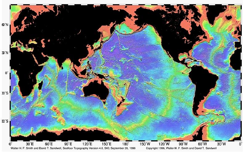 Illustration of the first ocean seafloor map created from altimetric data (image credit: Scripps Institution of Oceanography, NOAA)
