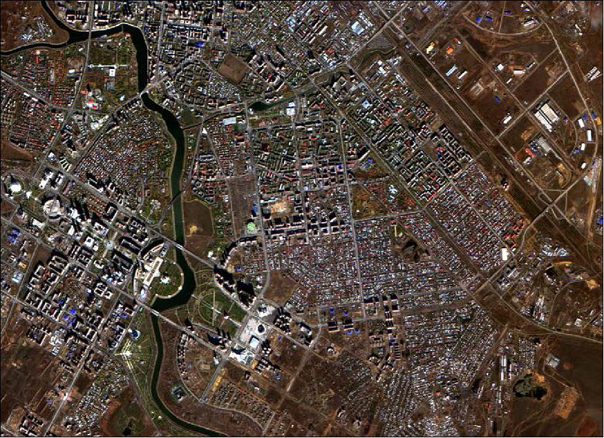 Figure 4: KazEOSat-2 image of Astana, the capital of Kazakhstan, showing the central district with the presidential palace, Bayterek tower and Khan Shatyr (image credit: KGS, Ghalam)
