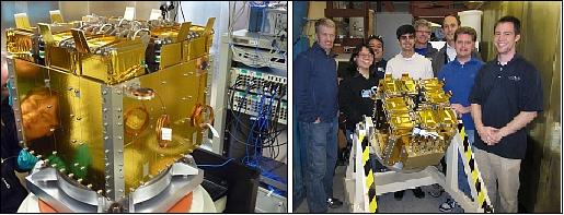 Figure 13: Photos of the integrated OUTSat P-PODs in the NPSCuL platform (left) along with the proud NPS students (left), image credit: NRO, NPS