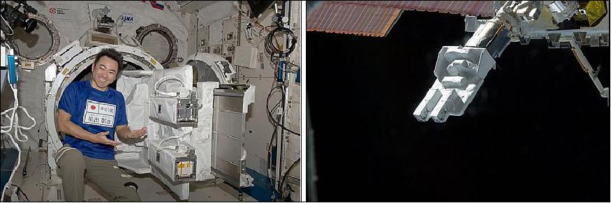 Figure 12: Left: JAXA astronaut Aki Hoshide preparing the JSSOD; Right: Grappled by the Kibo's RMS, the JSSOD is ready to release the CubeSats on the outside of JEM/Kibo (image credit: JAXA)