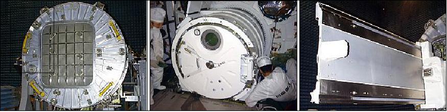 Figure 11: Photo of the Airlock system on Kibo, outer hatch (left), inner hatch (center) and slide table (right) image credit: JAXA