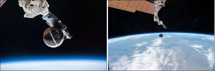 Figure 7: Left: SpinSat deployment from Cyclops; right: SpinSat photo shortly after deployment (image credit: NASA)