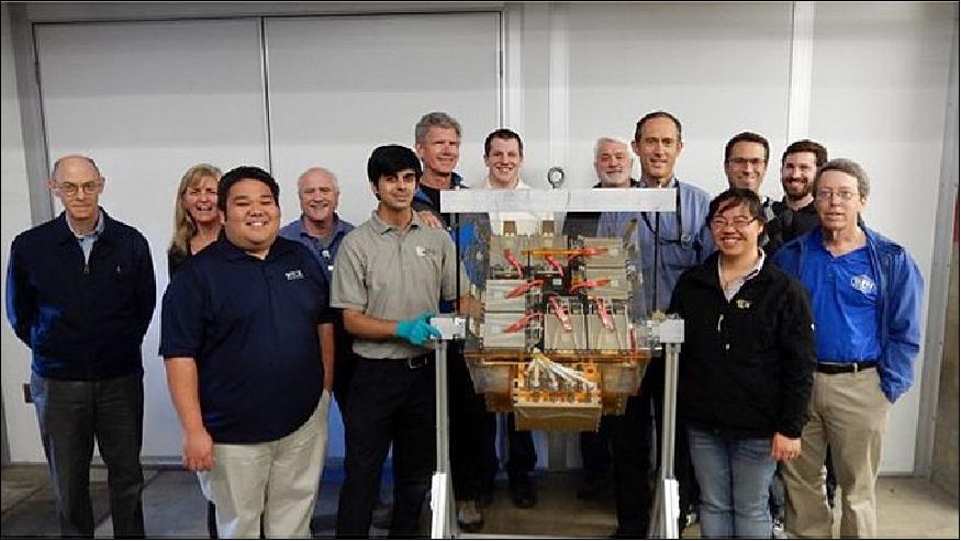 Figure 11: Photo of the ULTRASat team members from the institutions: NPS (Naval Postgraduate School), OSL (Office of Space Launch), ULA (United Launch Alliance) and Cal Poly, along with the ULTRASat payload (image credit: CubeSat)
