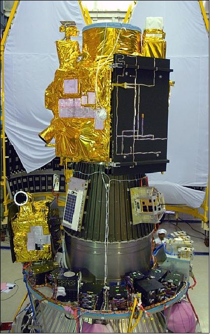 Figure 7: View of the secondary payloads (bottom) at integration along with CartoSat-2A at top (image credit: ISRO)