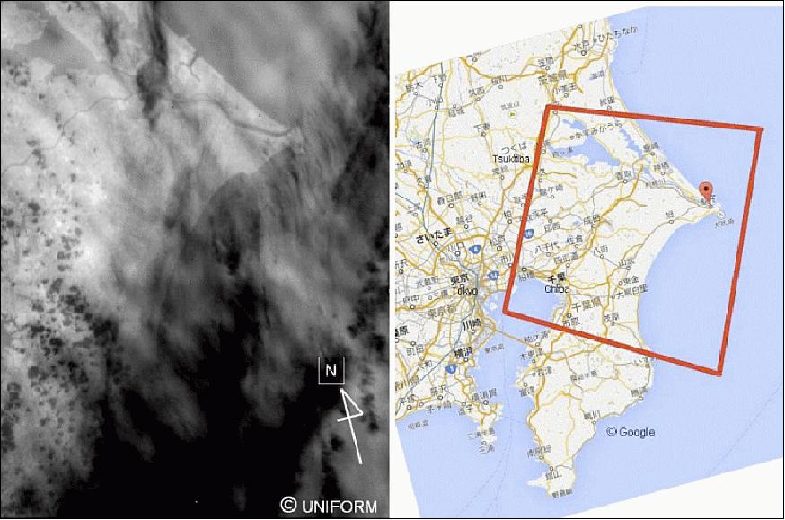 Figure 14: First light of the BOL camera (left) on May 28, 2014 showing part of the Chiba Prefecture, Japan (image credit: UNIFORM consortium)