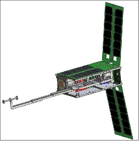 Figure 2: MiniCOR spacecraft shown with the deployed coronagraph boom and solar array. The spacecraft side panel instrument baffles have been removed to show the coronagraph optical train. The complete stowed MiniCOR instrument occupies a 2U volume with a mass of 3.6 kg (image credit: MiniCOR Team)