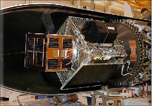 Figure 7: OCSE (black hexagon) mounted on JAWSAT payload and integrated to the experimental Minotaur rocket (image credit: L'Garde)