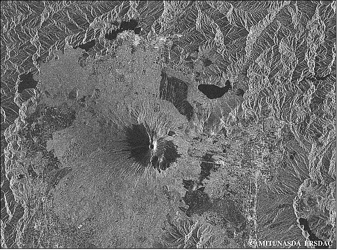 Figure 5: Sample SAR image of Mount Fuji and vicinity observed on April 23, 1992 (image credit: ERSDAC) 12)