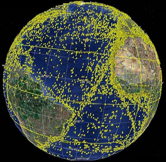 Figure 11: Satellite AIS position reports received for one day by AprizeSat-3 and -4 in the Atlantic Ocean (image credit: SpaceQuest)