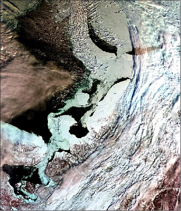 Figure 7: The first MERIS (Envisat) image obtained via the ARTEMIS data relay satellite on March 13, 2003 (image credit: ESA)