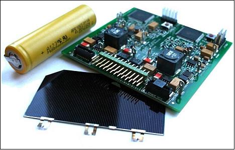 Figure 7: EPS regulator board along with a solar panel and a battery cell (image credit (UiO)