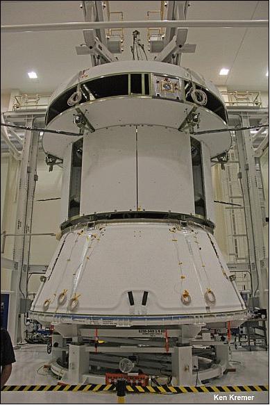 Figure 4: Photo of the Orion SM (Service Module) assembly in the Operations and Checkout facility at Kennedy Space Center (image credit: Ken Kremer)