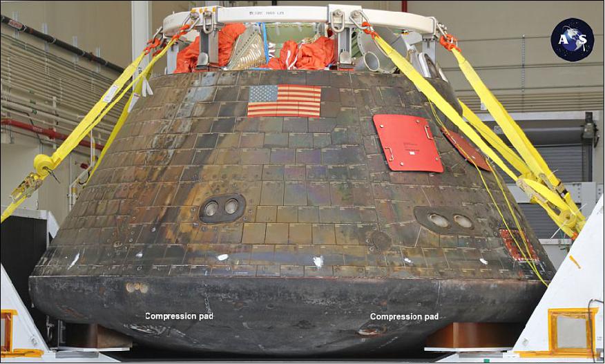 Figure 19: Whole capsule view of Orion heat shield and compression pads during homecoming event for NASA's first Orion spacecraft after returning to NASA's Kennedy Space Center in Florida on Dec. 18, 2014 (image credit: Ken Kremer, AmericaSpace)