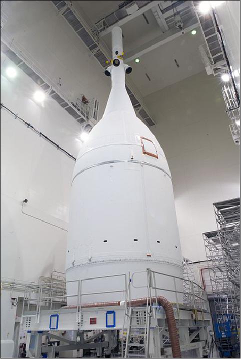 Figure 10: Photo of the assembled Orion EFT-1 spacecraft inside LASF at KSC (image credit: NASA, Jim Grossman)