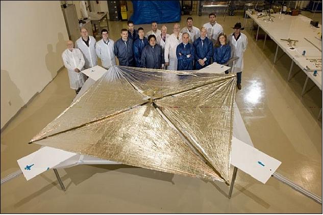 Figure 6: The NanoSail-D team with the fully deployed solar sail (image credit: NASA)