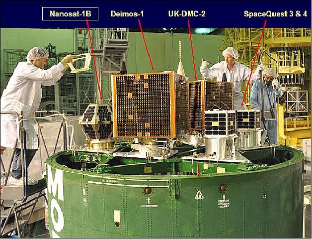 Figure 4: NanoSat-1B (left) in the Baikonur integration hall in July 2009 along with Deimos-1, UK-DMC-2 and SpaceQuest 3&4 (image credit: INTA) 4)